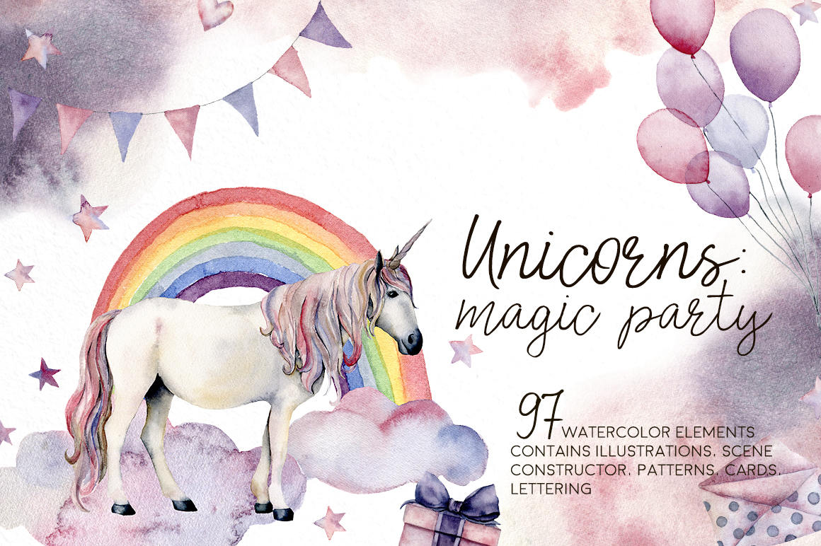 Unicorns: magic party watercolor