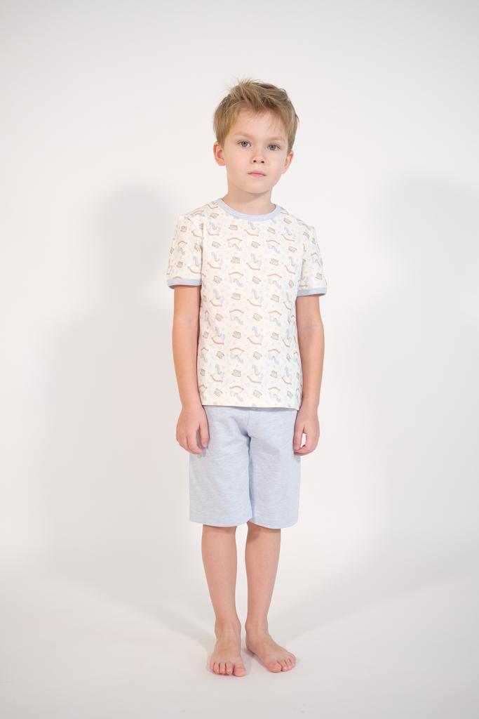 Пижама «Лошадки» (футболка и шорты) комбинированная, белая заливка/голубой меланж