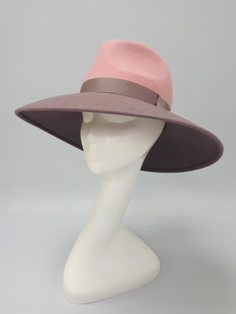 Двухцветная широкополая шляпа Fedora. Цвет коралл/капучино