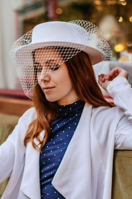 Шляпка-канотье "Трансформер" с асимметричной вуалью