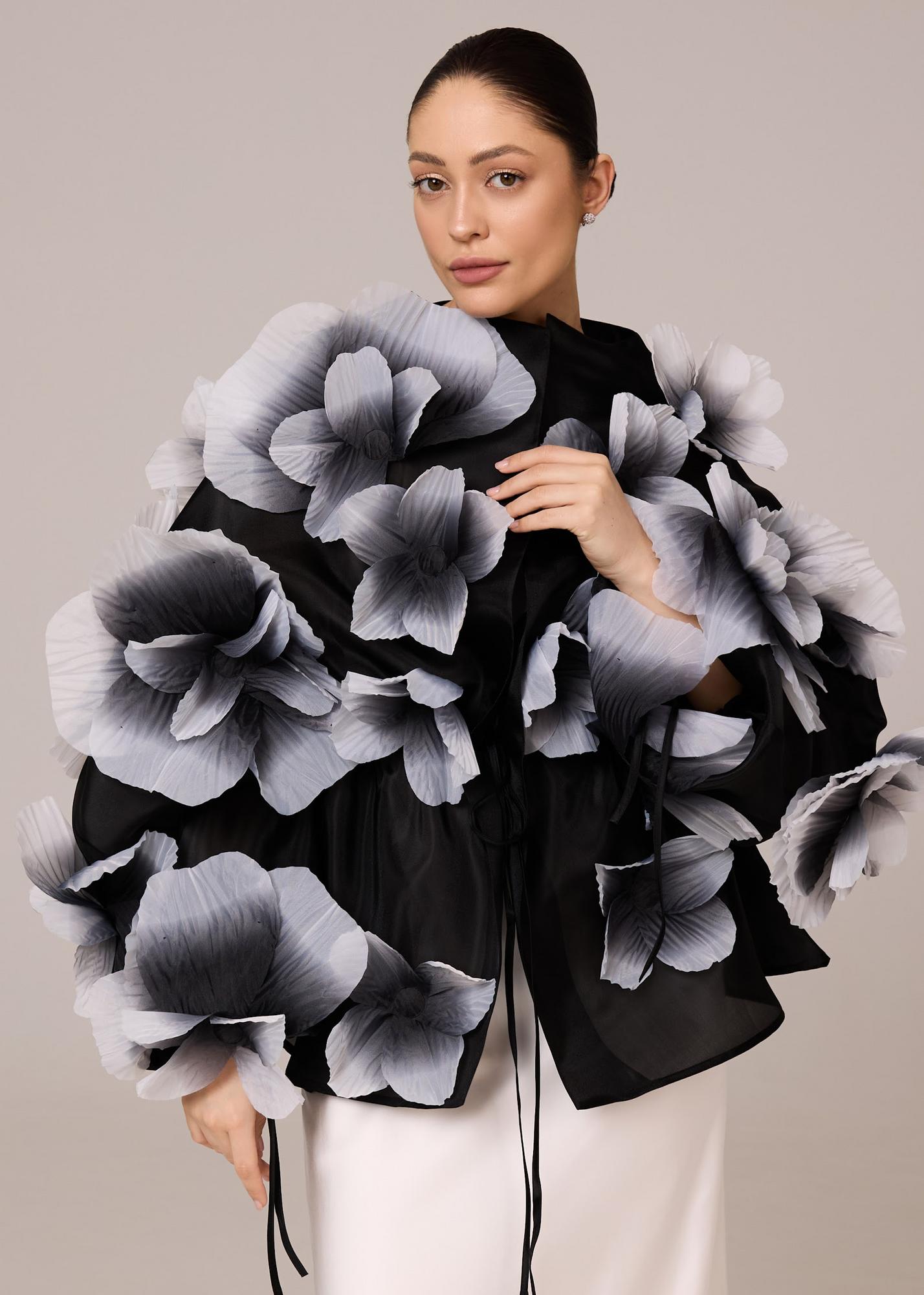 Blouse with peonies, black and white