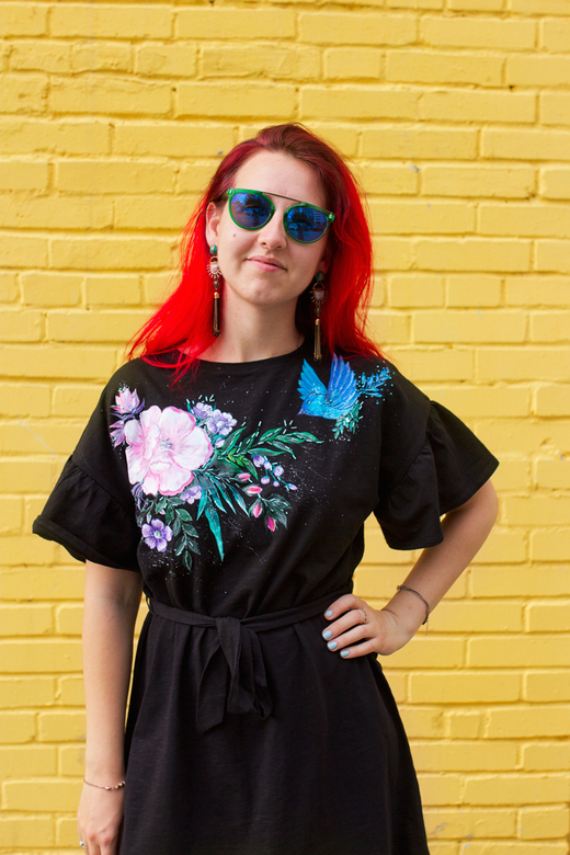 Черное платье с росписью и вышивкой - Blue Bird's Garden