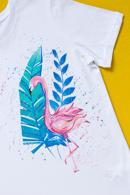Футболка с росписью - Розовый Фламинго