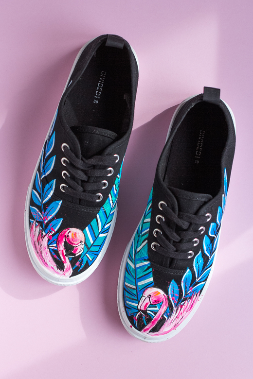 Черные кеды с росписью - Розовый Фламинго