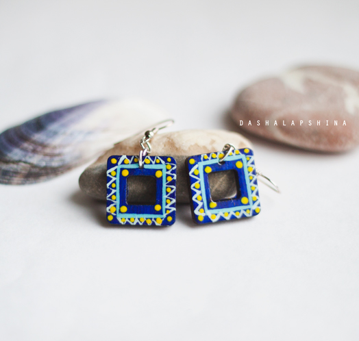 Квадратные серьги с росписью "Мозаика ажурная"