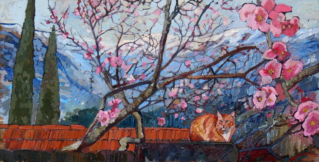 "Рыжий кот. Цветущая слива. Горы" 40х80см
