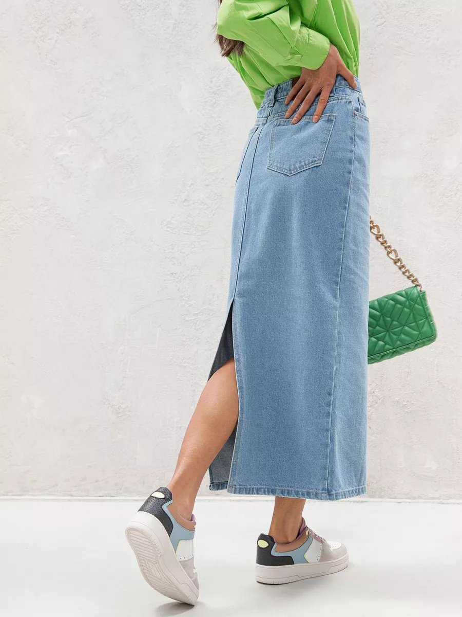 Юбка джинсовая длинная с разрезом макси голубая
