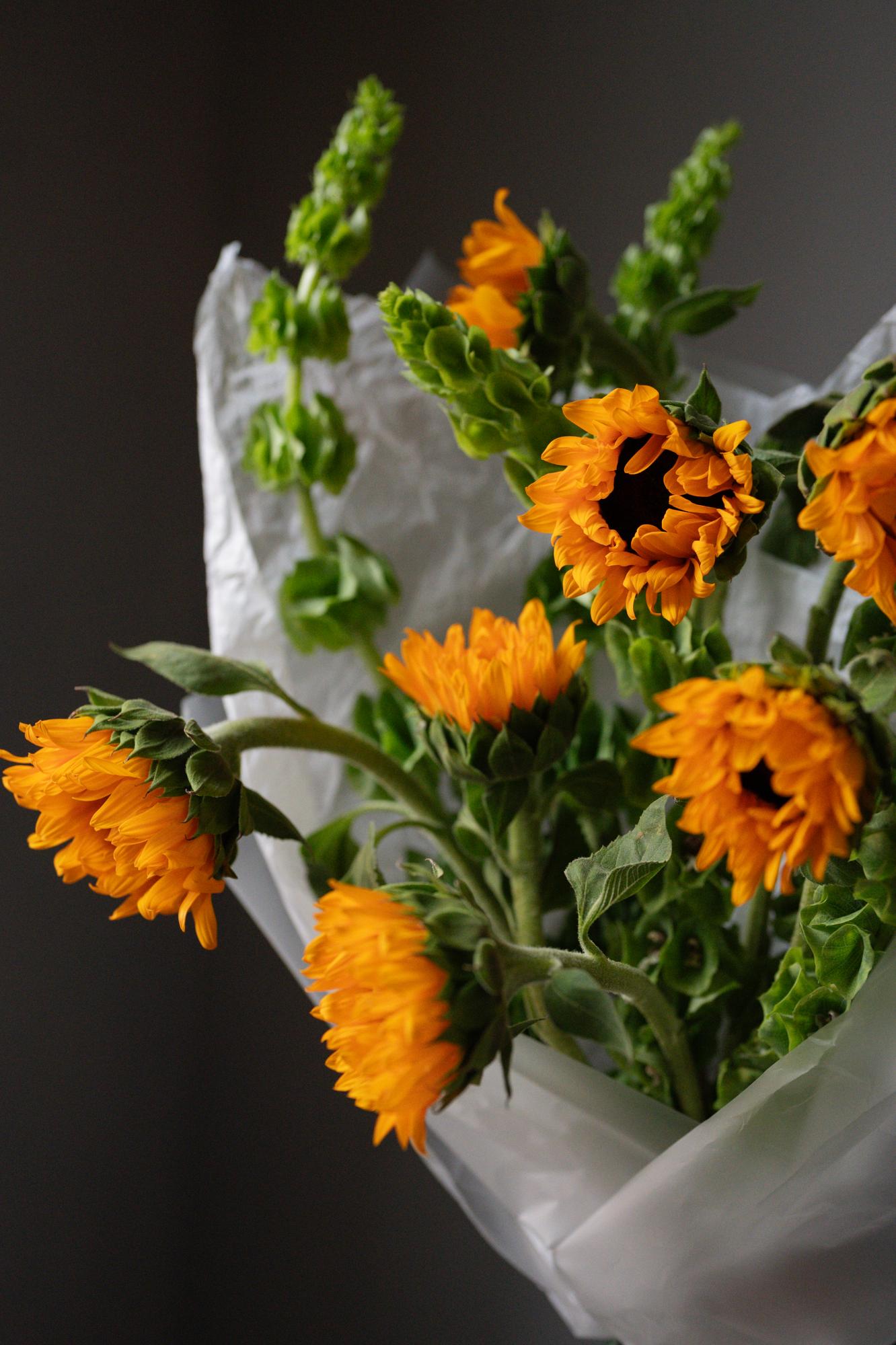 Дуо-букет с подсолнухами и молюцеллой