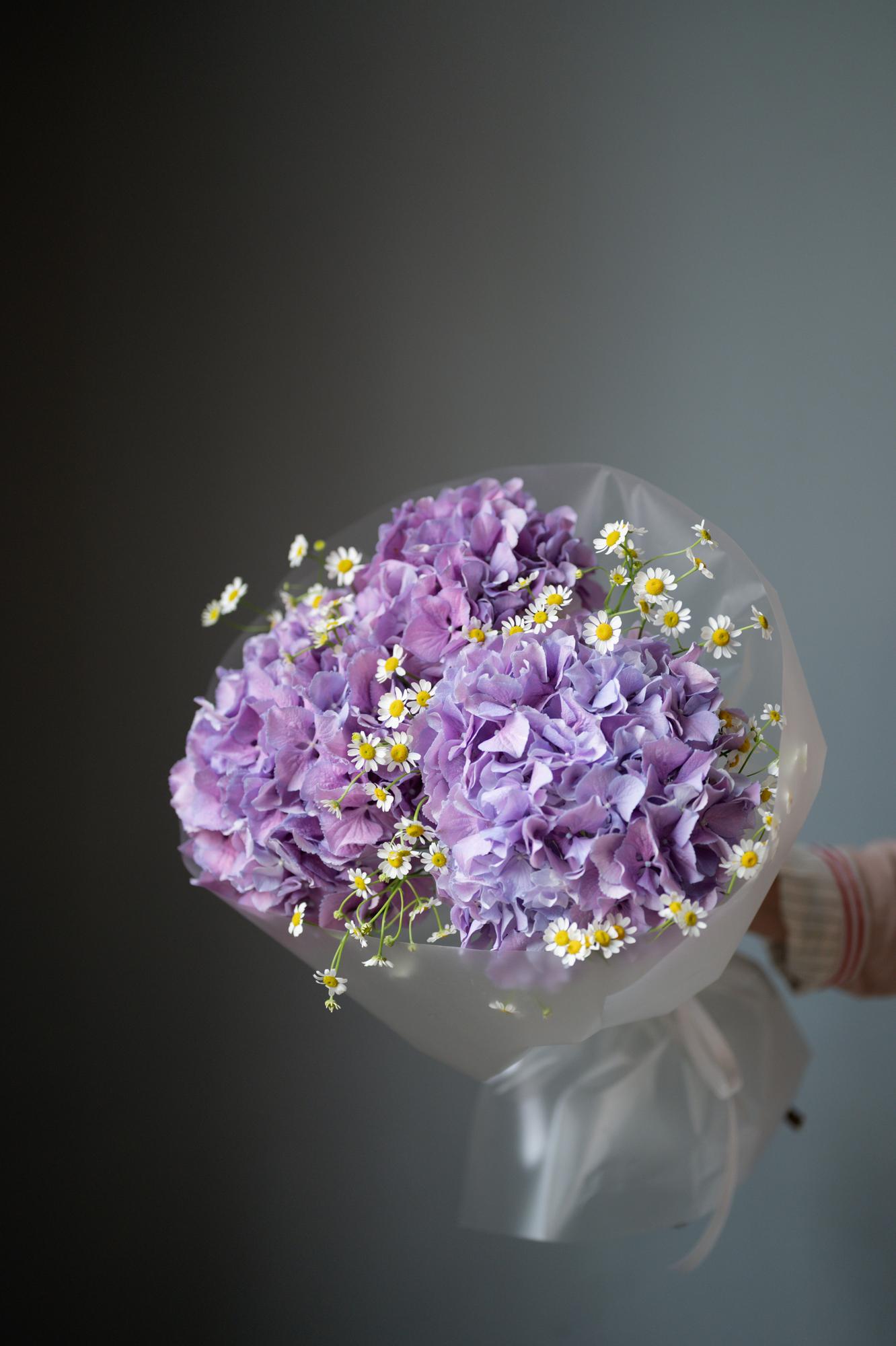 Дуо-букет из фиолетовой гортензии и ромашки