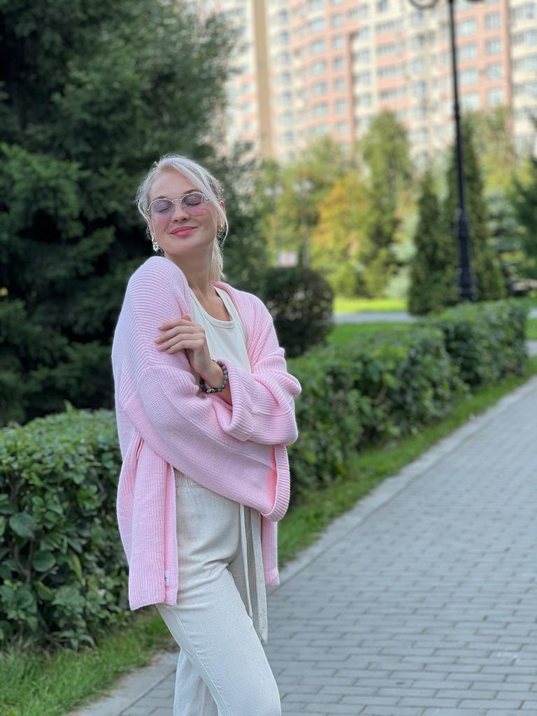 Кардиган с поясом, розовый