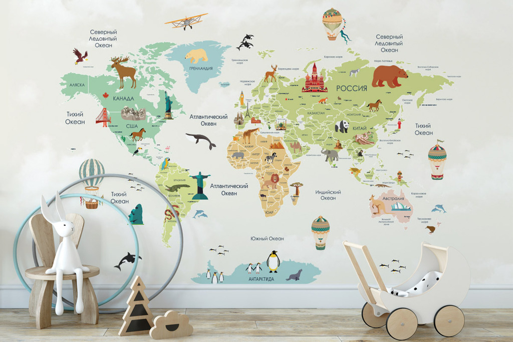 Обои "Карта мира с достопримечательностями и животными 3"