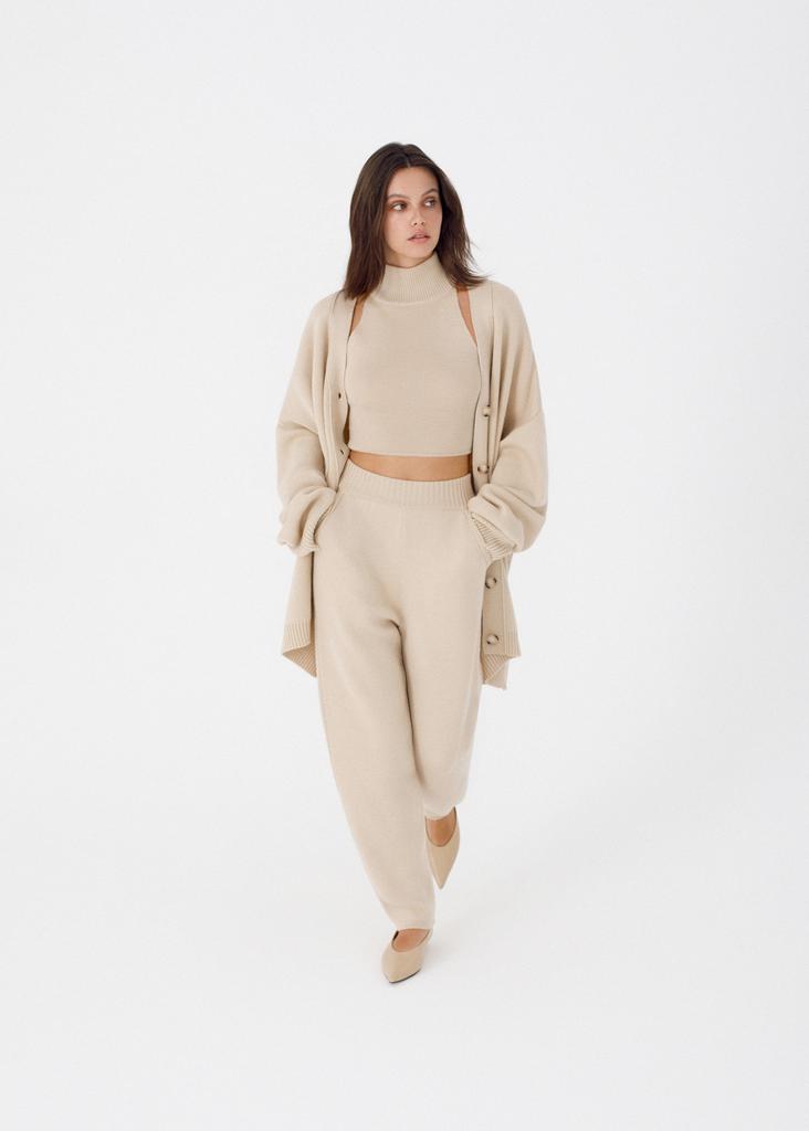 Merino wool knit set: cardigan, top and pants