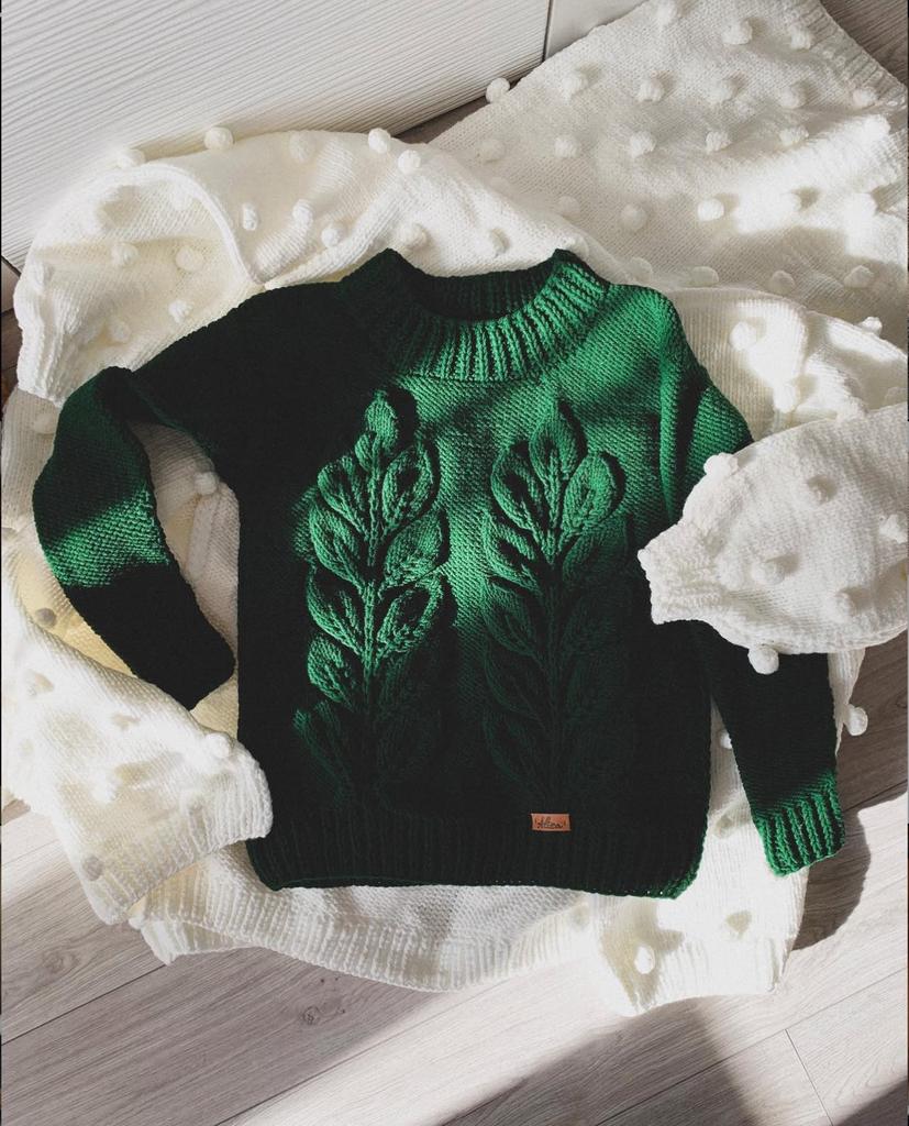 Свитер с листьями, изумрудный