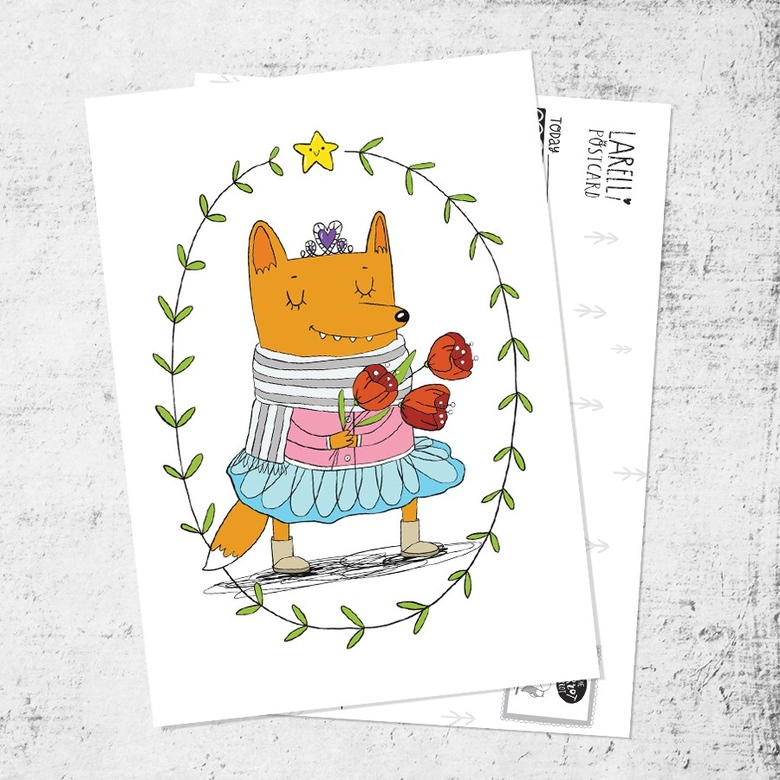 Почтовая открытка «Лисичка и цветы»