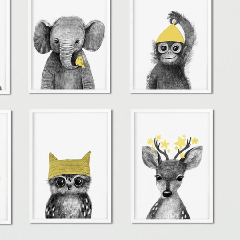Набор постеров малыши - зверята с желтыми акцентами купить в интернет магазине