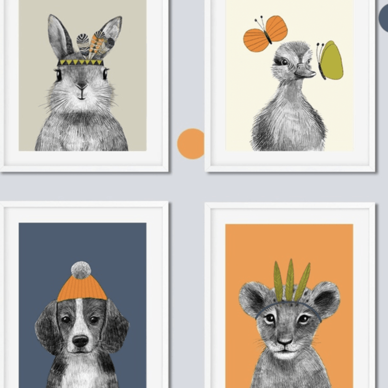 Набор постеров малыши - зверята в эффектных оранжево - синих тонах купить в интернет магазине