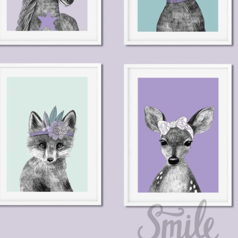 Набор постеров для детской малыши - зверята в сиреневых и бирюзовых тонах купить в интернет магазине