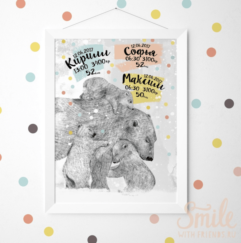 Метрика с белыми медведями на фоне конфетти (с одним, двумя или тремя медвежатами)