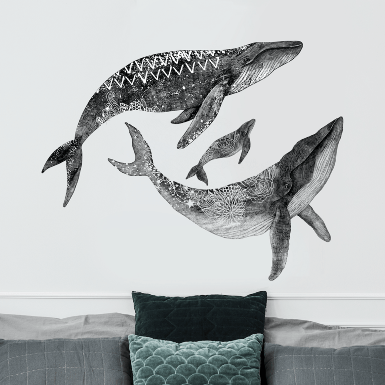 Киты (папа, мама, дети)  - стикер интерьерный