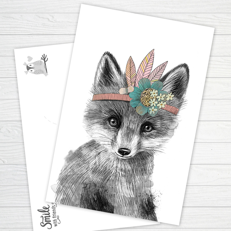 Малышка лисичка с голубеньким цветочком - открытка