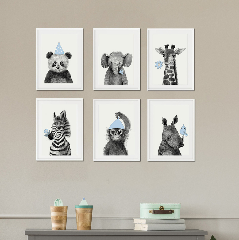 Набор постеров со африканскими зверятами с голубыми акцентами