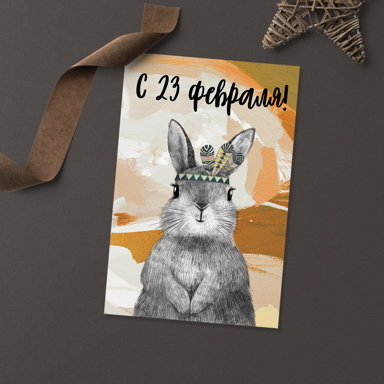 С 23 февраля - с зайцем на горчичном фоне - открытка
