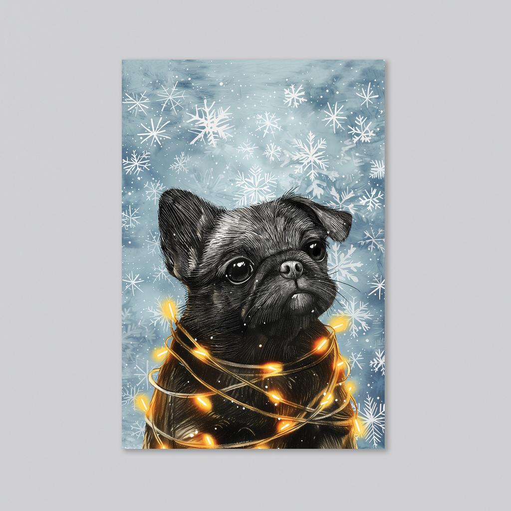 Грустный новогодний мопс на снежном фоне - оптовая открытка - 20 штук
