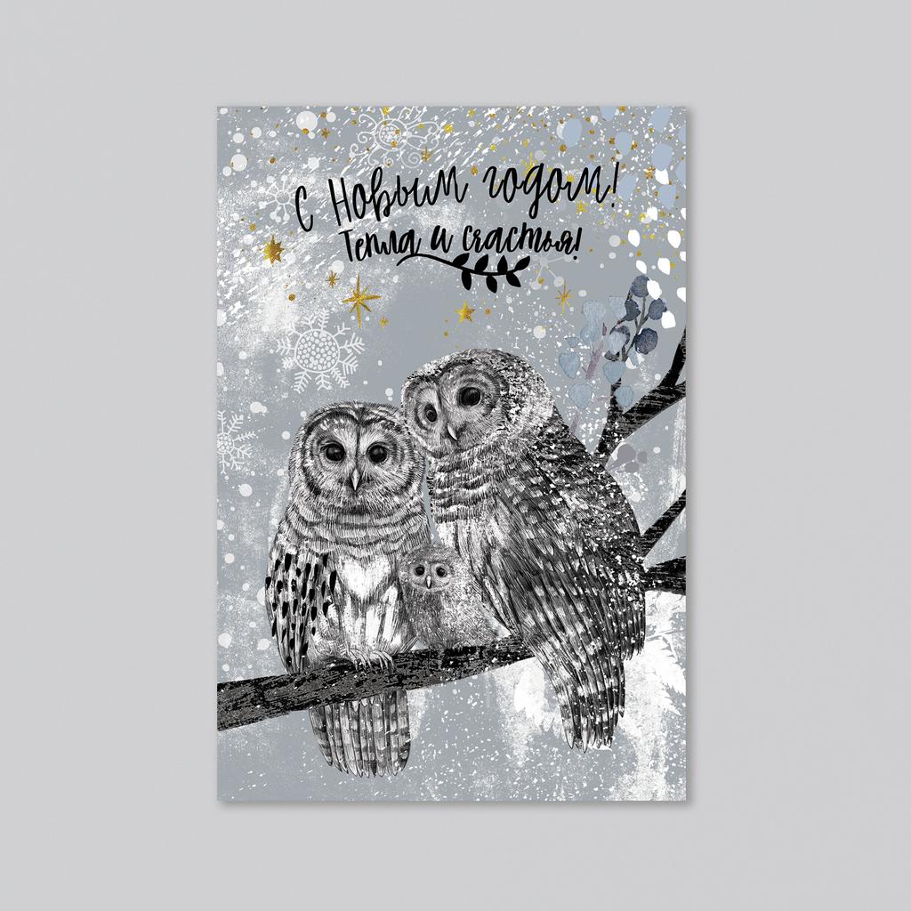 С Новым годом! Тепла и счастья с совиной семьёй - оптовая открытка - 20 штук