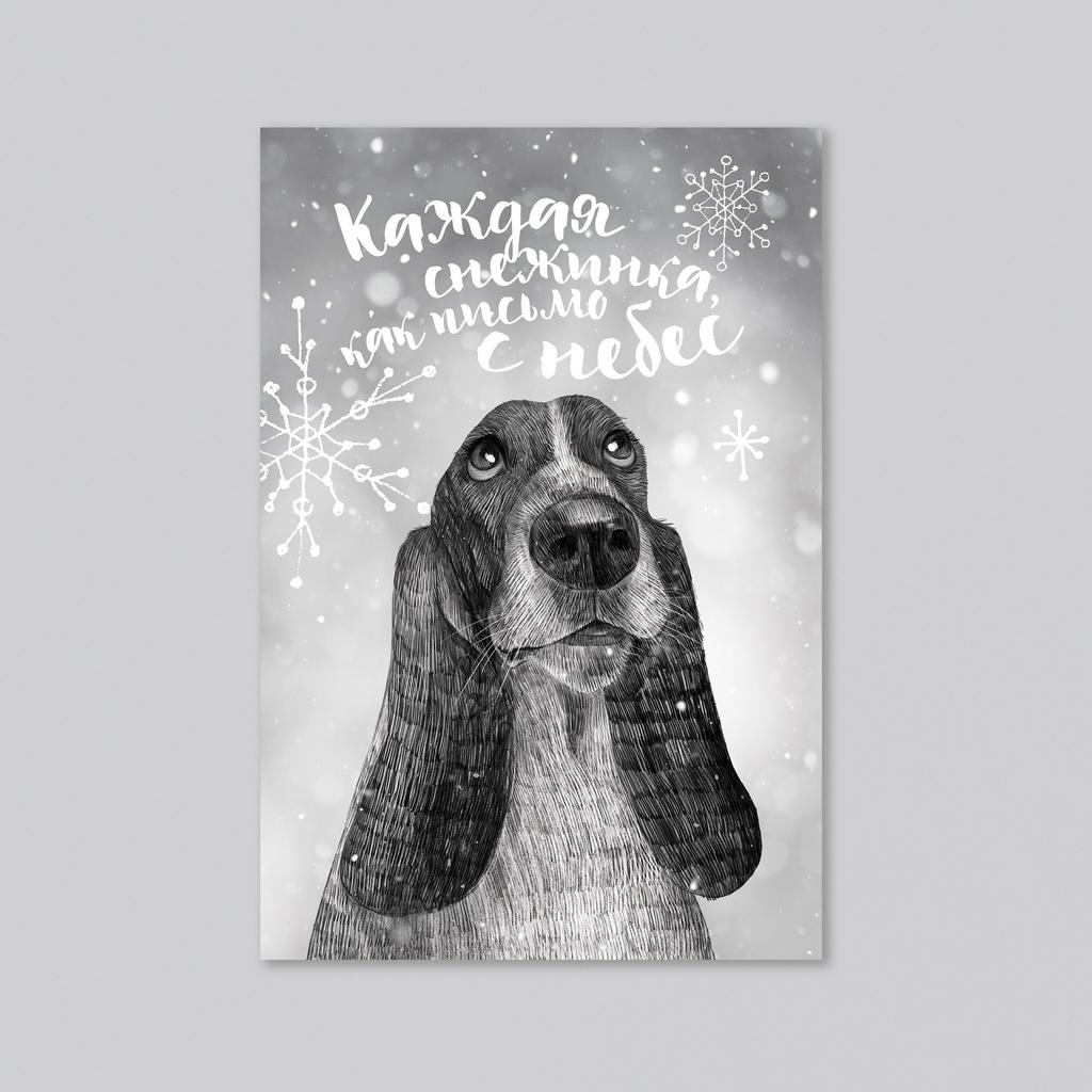Снежинки с бассет-хаундом - оптовая открытка - 20 штук