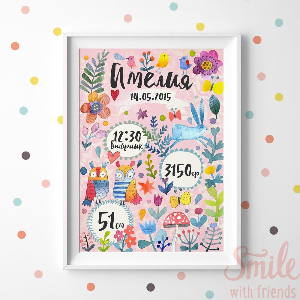 Метрика с акварельными цветами, зайцем и совами - именной постер в электронном виде