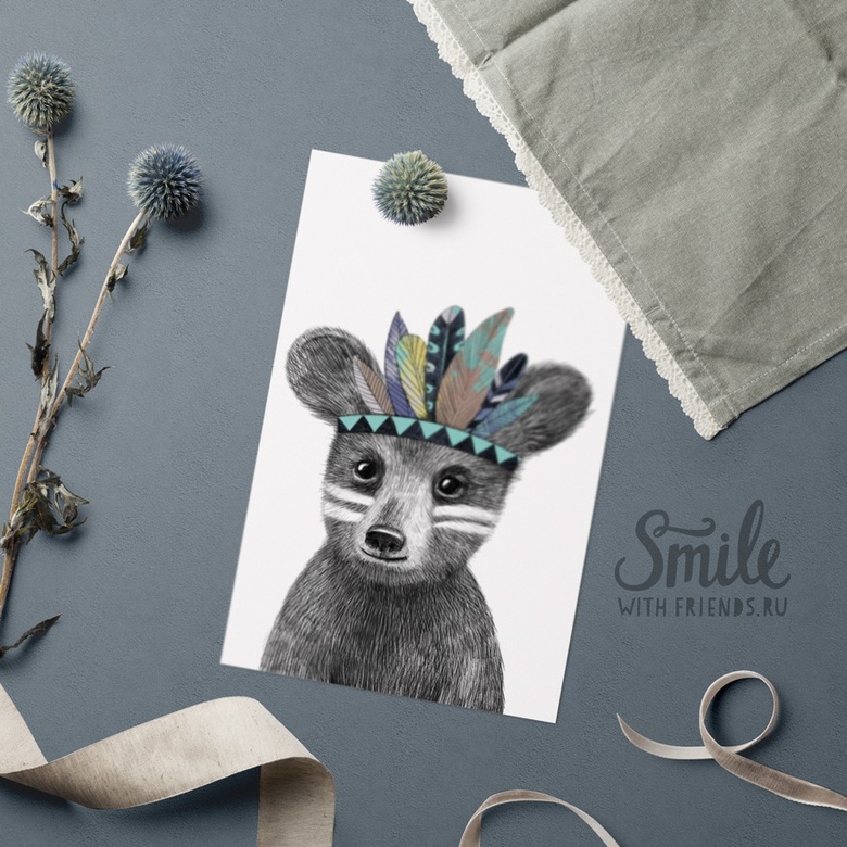 Малыш мишка индеец - открытка