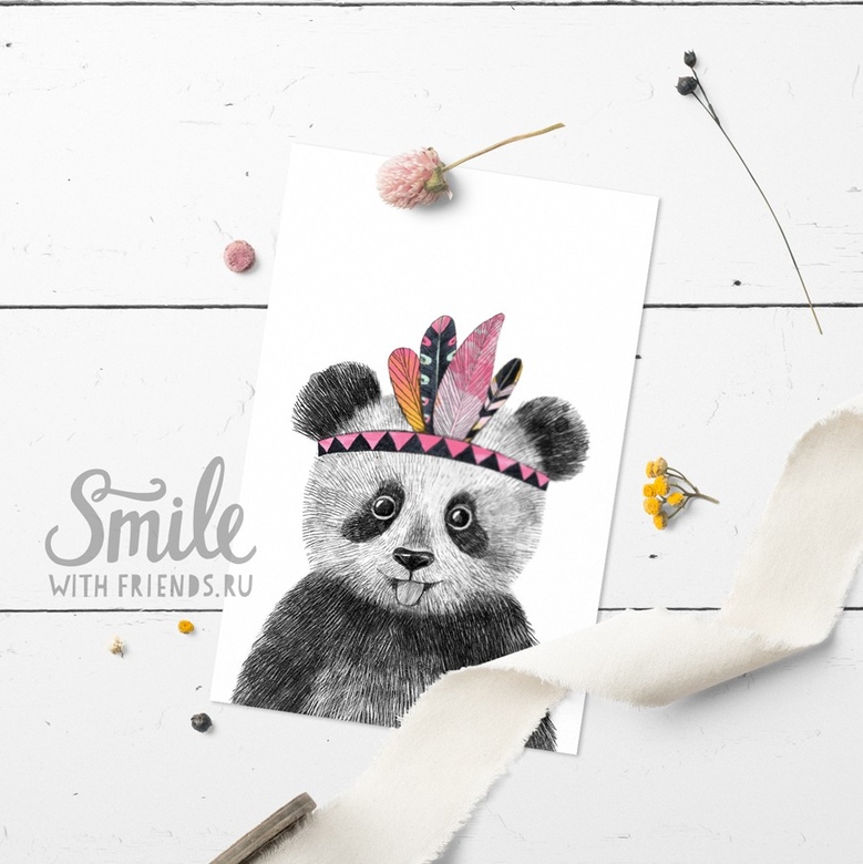 Малышка панда - индеец - открытка