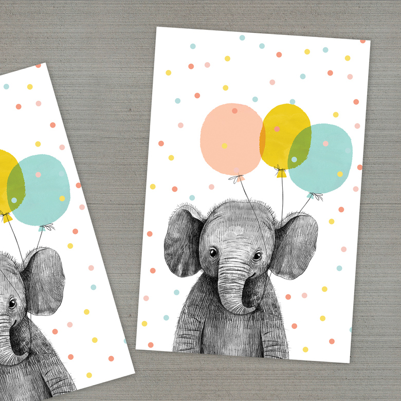 Малыш слоник с воздушными шариками - открытка