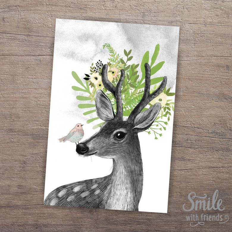 Весенний олень с птичкой - открытка