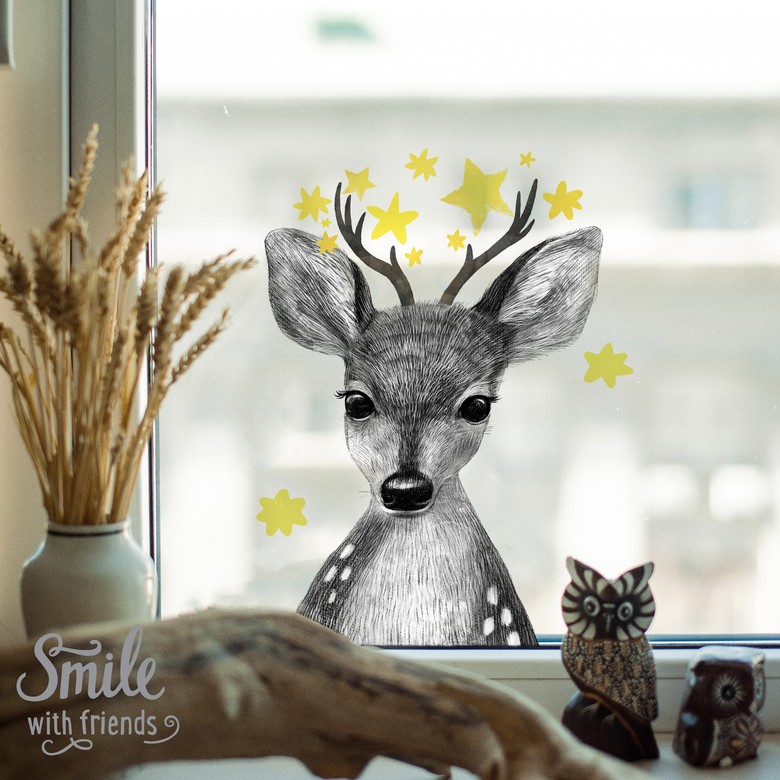 Малыш оленёнок с желтыми или розовыми звёздами - стикер интерьерный