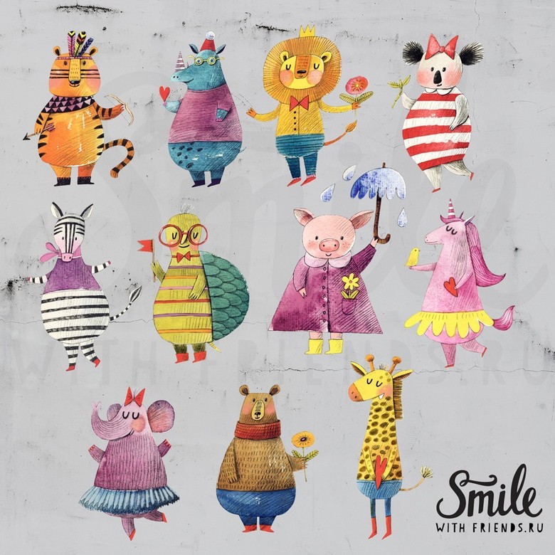 Веселые животные - 11 интерьерных стикеров