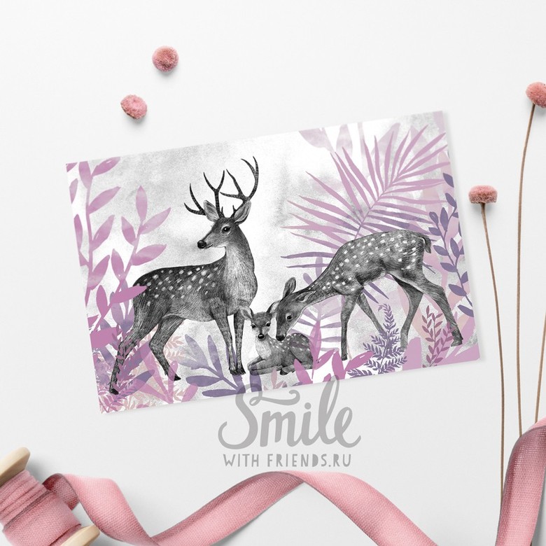 Семья оленей на лиловом лугу - открытка