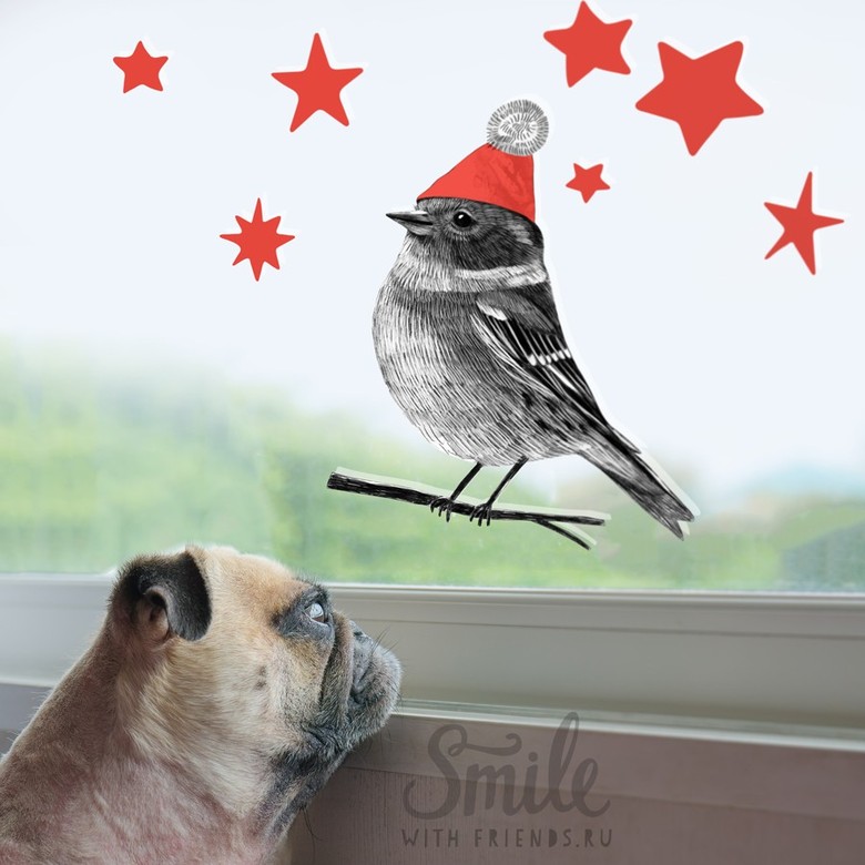 Птичка на веточке - стикер интерьерный