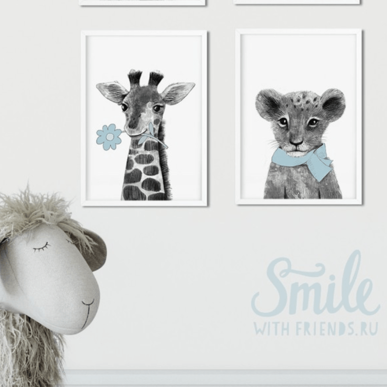 Набор постеров для детской - симпатичные зверята, в голубых тонах купить в интернет магазине