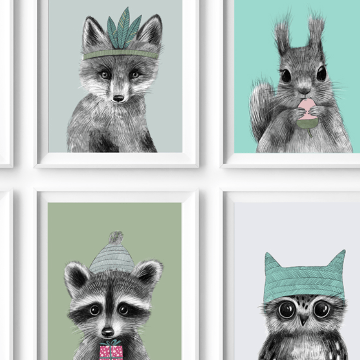 Набор постеров малыши - зверята в бирюзово - зеленых тонах купить в интернет магазине