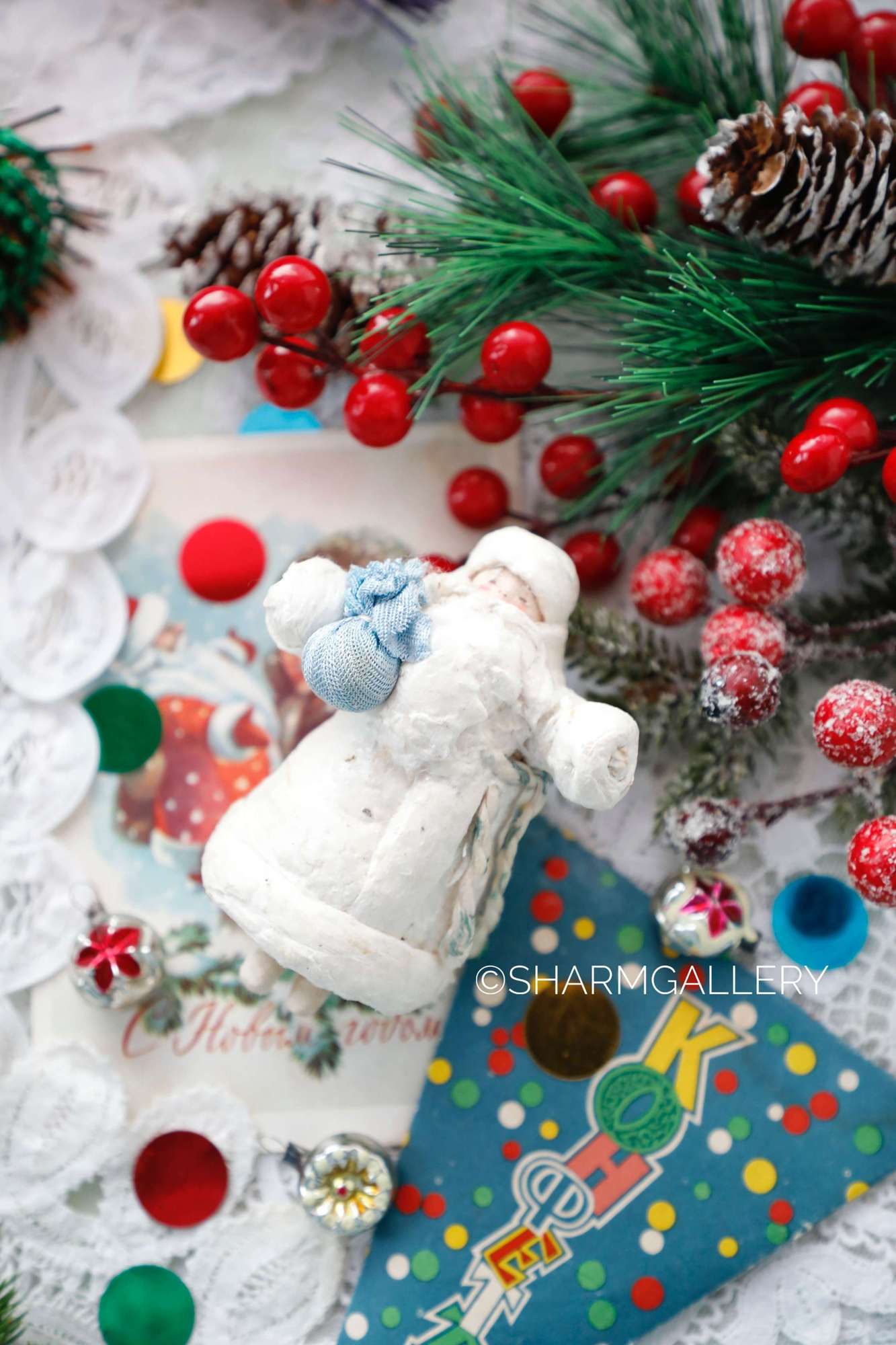 Антикварная елочная игрушка из ваты "Дед Мороз". СССР