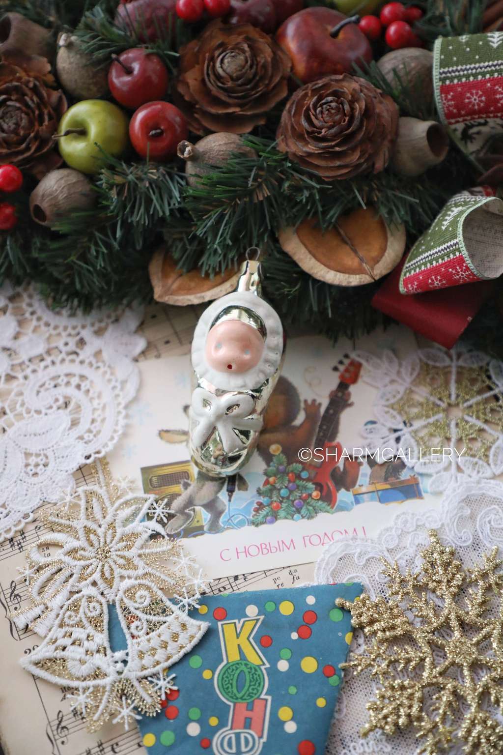 Младенец №15 (золотой) Винтажная елочная игрушка, стекло СССР.