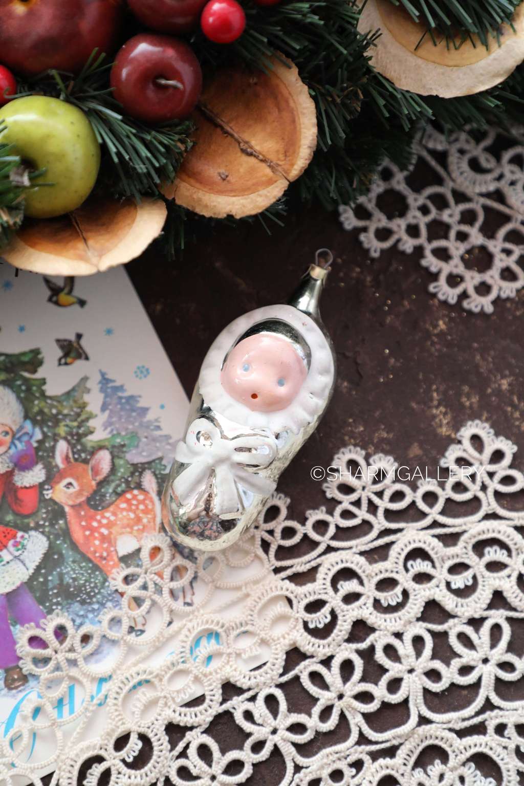 Младенец/Пеленашка №24 (цвет «белое золото») елочная игрушка, стекло СССР.