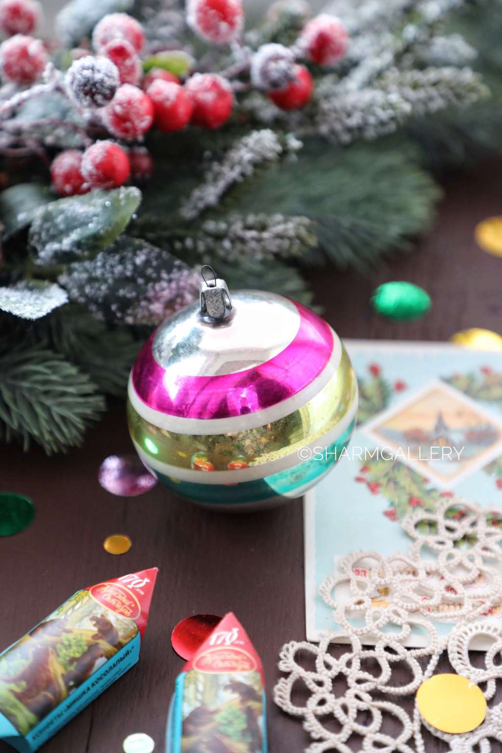 Шар с полосками №6 елочная игрушка, стекло СССР.