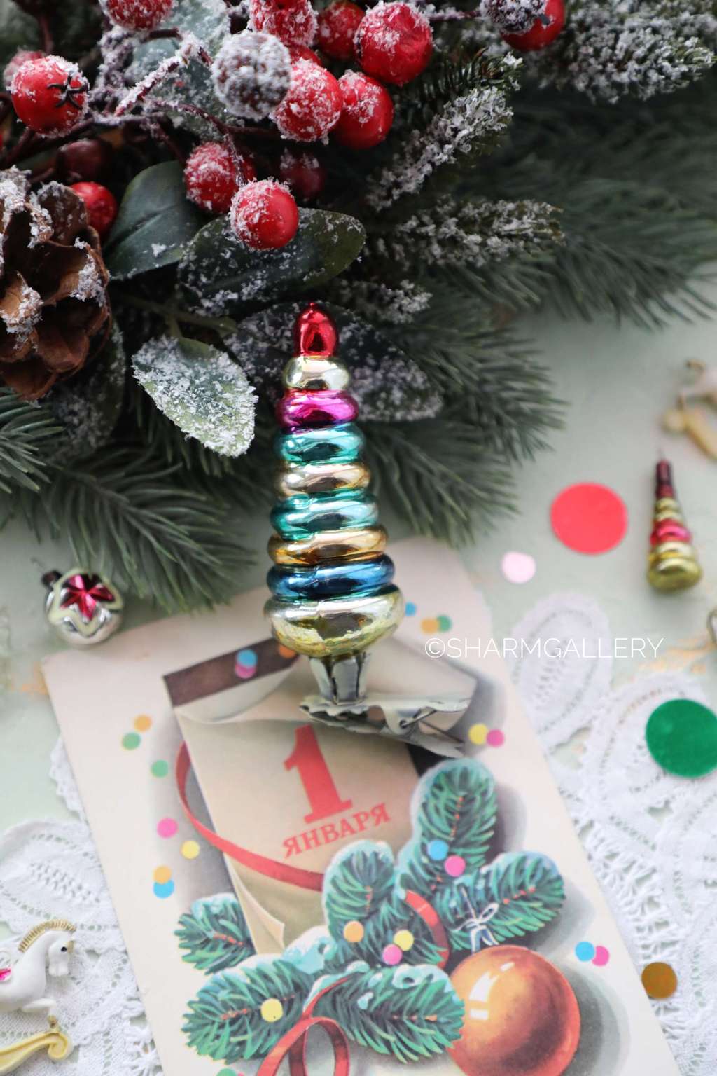 Пирамидка - елочка. №23. Елочная игрушка, стекло на прищепке, СССР.