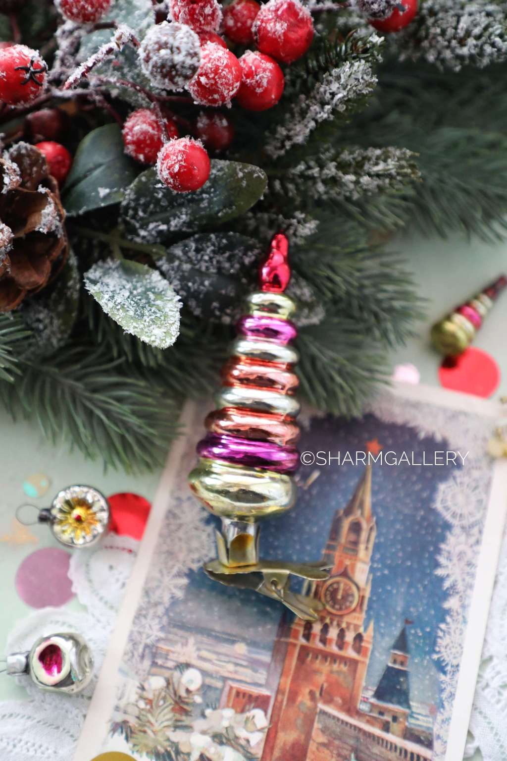 Пирамидка - елочка. №24. Елочная игрушка, стекло на прищепке, СССР.