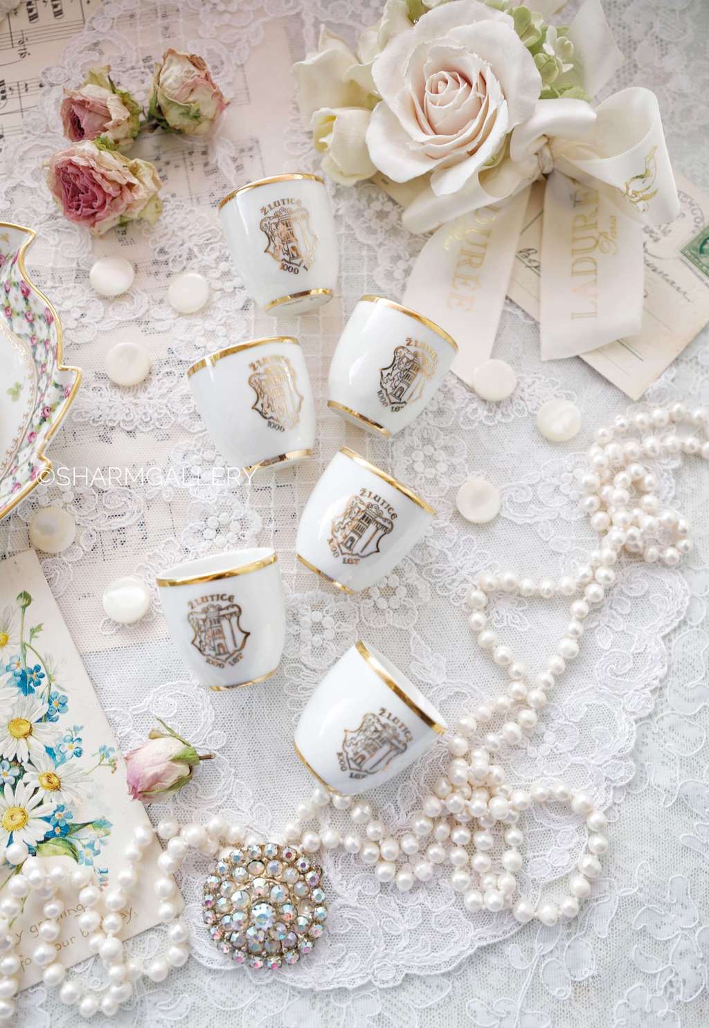 Набор мини стаканчиков - стопок, фарфор позолота Чехословакия.