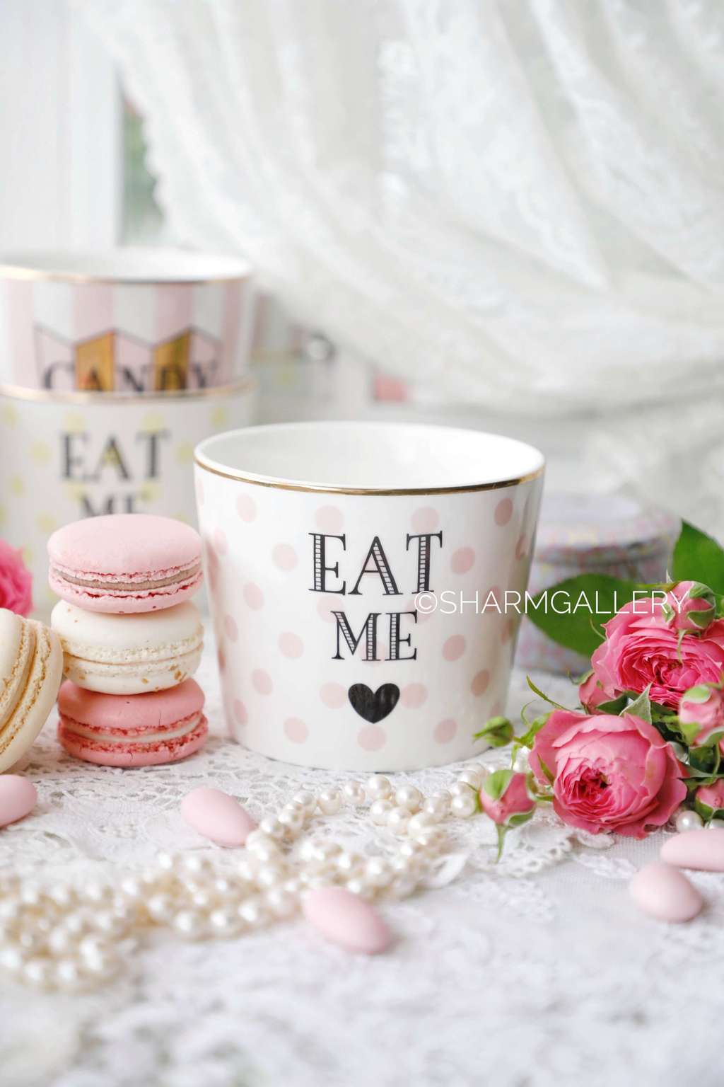 Пиала высокая «Eat Me» розовый горошек, фарфор Miss Etoile.