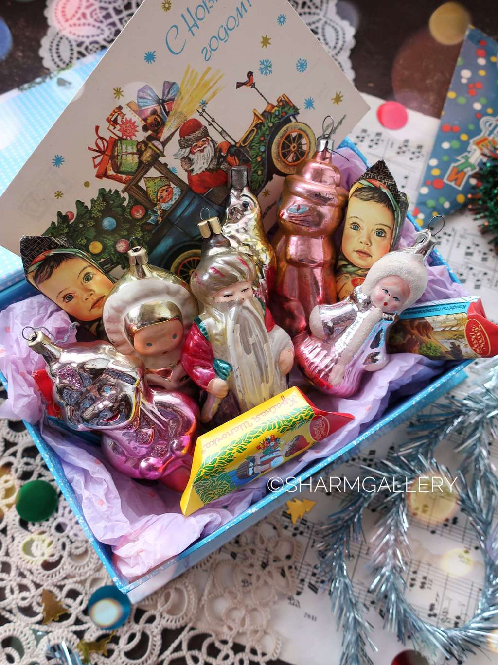 Подарочный набор №11 советских елочных игрушек "С Новым Годом", 6шт., СССР.