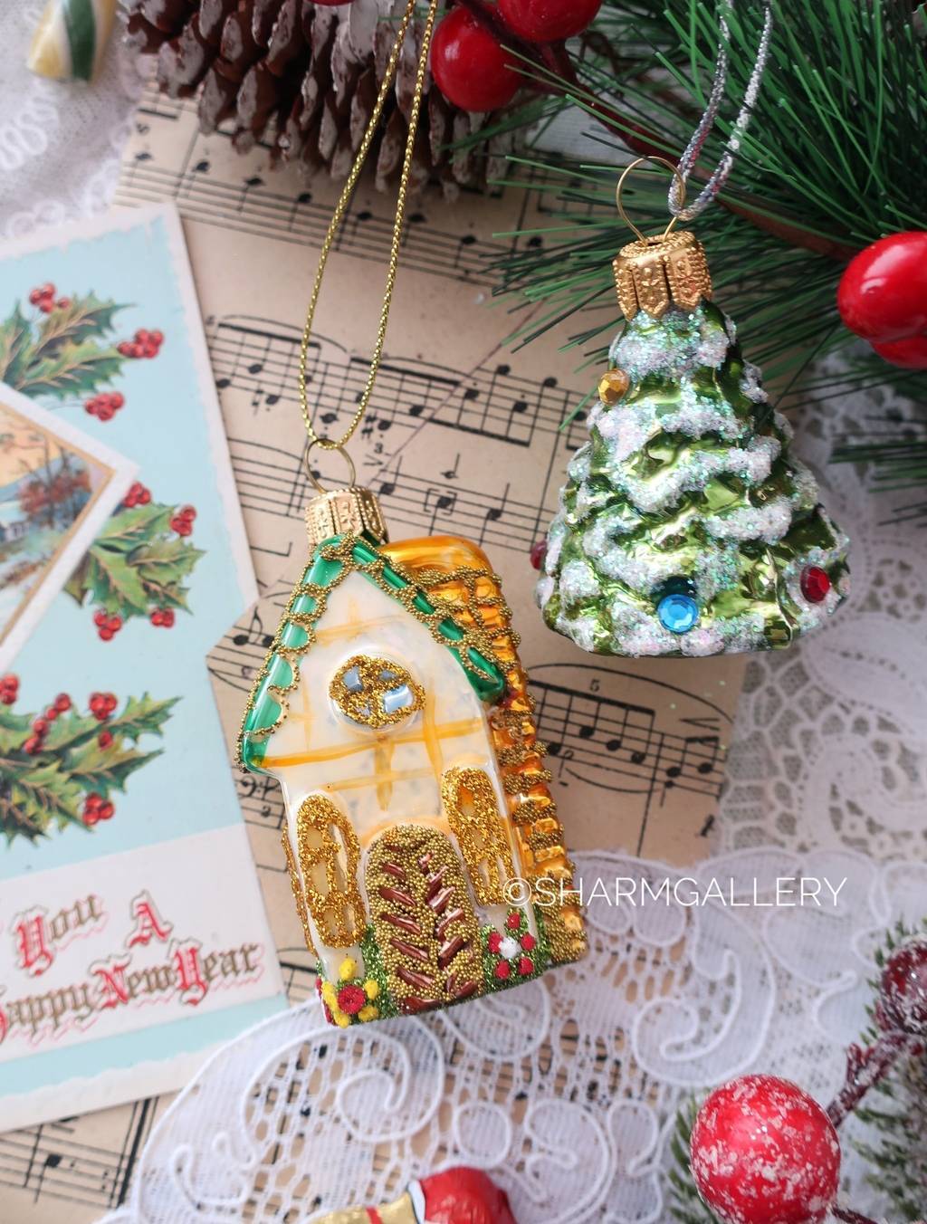 Набор елочных игрушек «Домик и Елочка» Стекло, роспись, Польша.